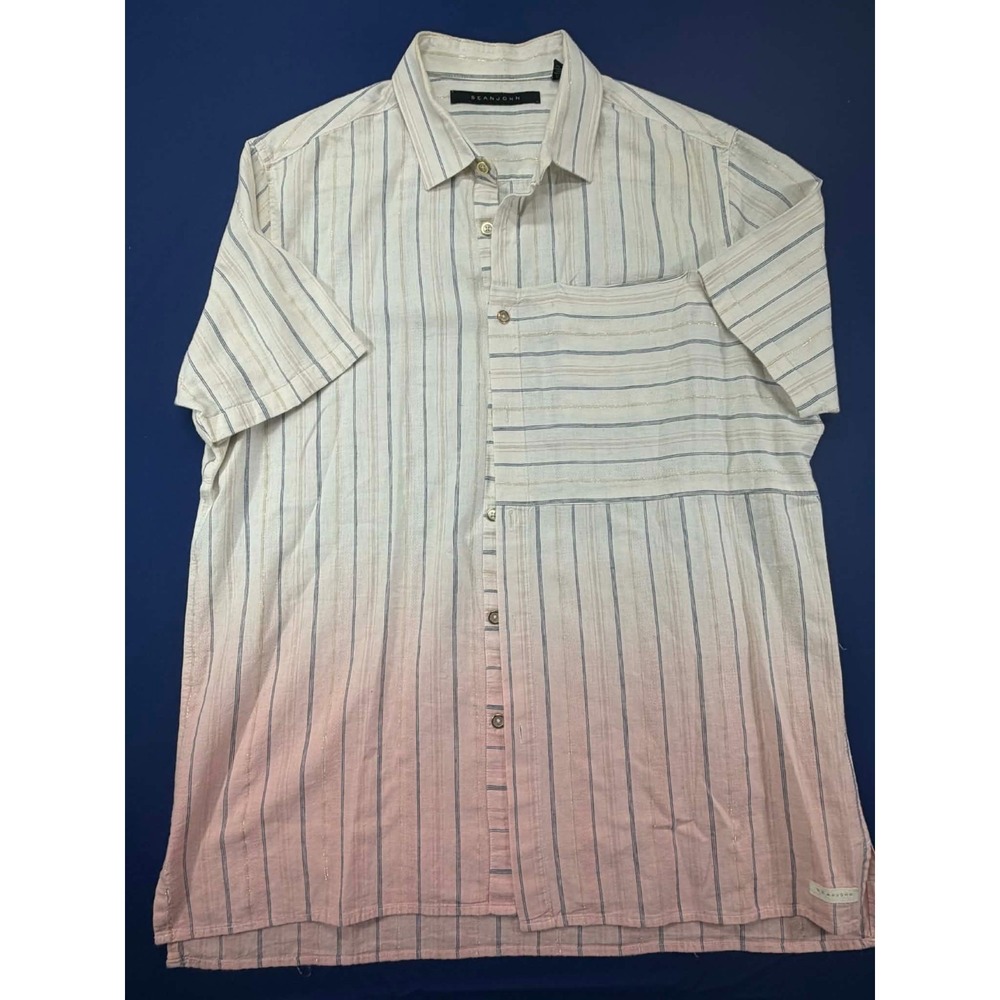 Sean John Men Button Up Shirt Dip-Dye Pinstripe White Pink Size XL